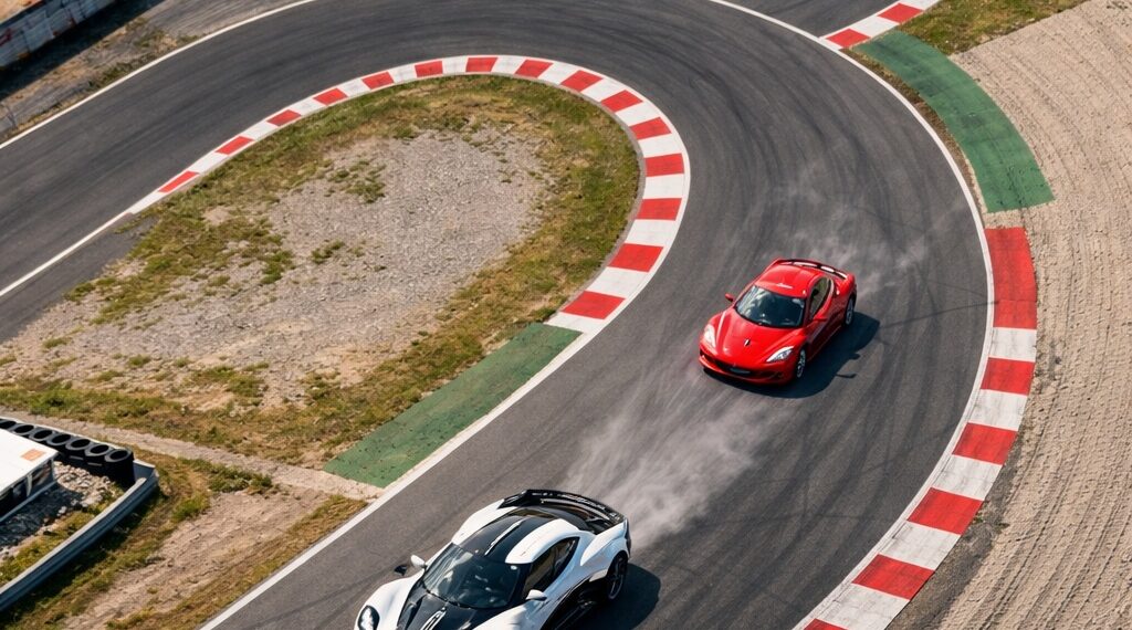 Aerial racetrack view of a hypercar pulling ahead of a supercar through a high-speed corner, illustrating performance differences between supercars and hypercars.
