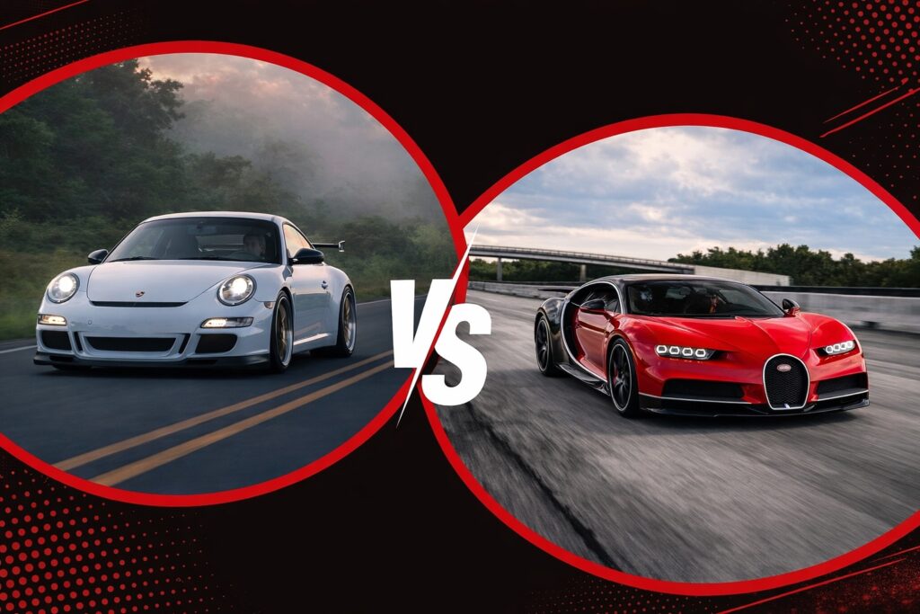 Side-by-side image of a Porsche 911 GT3 and Bugatti Chiron in motion, illustrating the difference between a supercar and a hypercar.
