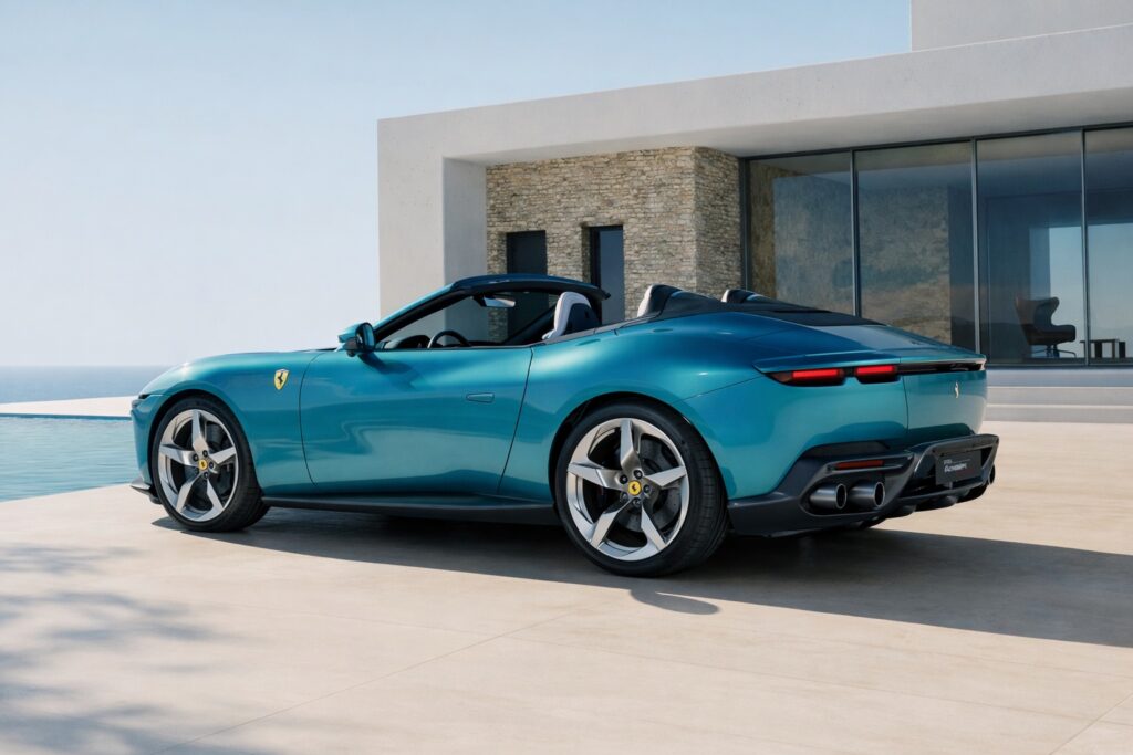 Rear three-quarter view of a teal luxury convertible parked beside an infinity pool at a modern oceanfront villa