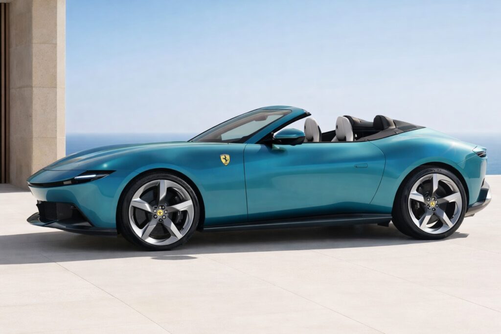 Teal luxury convertible sports car parked on a modern terrace overlooking the ocean with top down