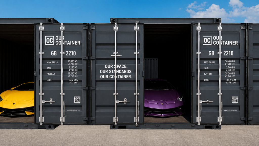 Yellow and Purple Lamborghini parked inside an open shipping container in an industrial yard