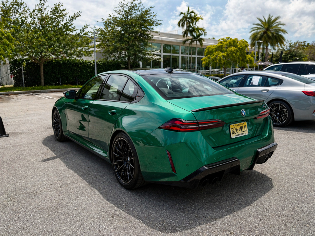 BMW M5 2025 rear three quarter view with quad exhaust and diffuser