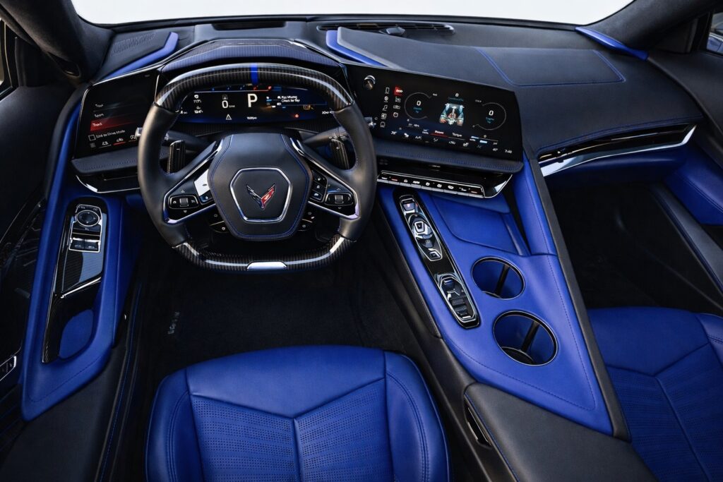 Tunnel to Towers Corvette ZR1X interior with blue leather cockpit and digital driver display