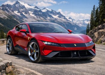Red Ferrari EV 2026 parked on a mountain road with snow-capped peaks in the background, showcasing Maranello's first fully electric flagship design.