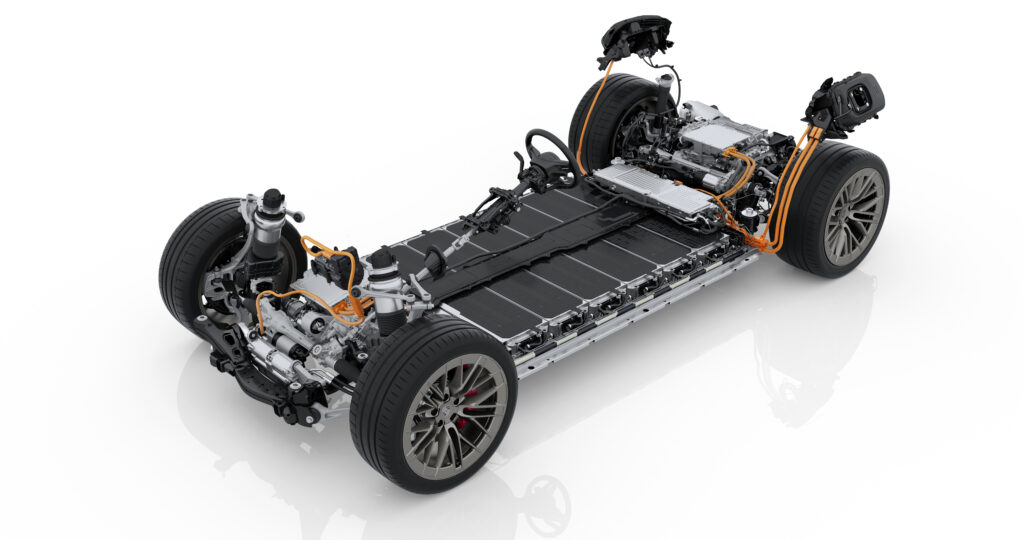 Porsche Cayenne Electric 800-volt chassis showing battery pack, dual motor drivetrain, and high-voltage wiring system