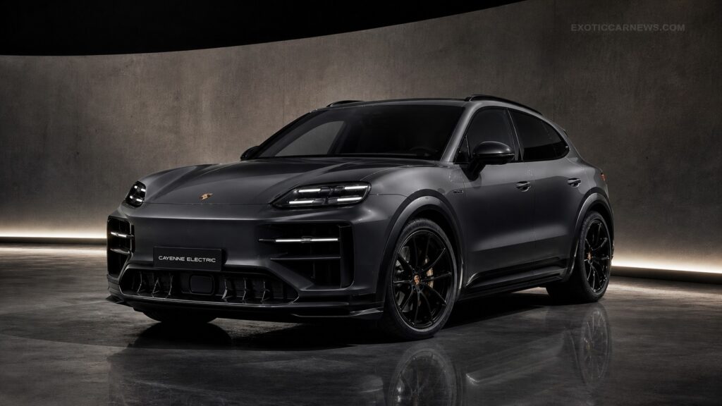 Porsche Cayenne Electric aggressive styling in dark studio with subtle ExoticCarNews watermark