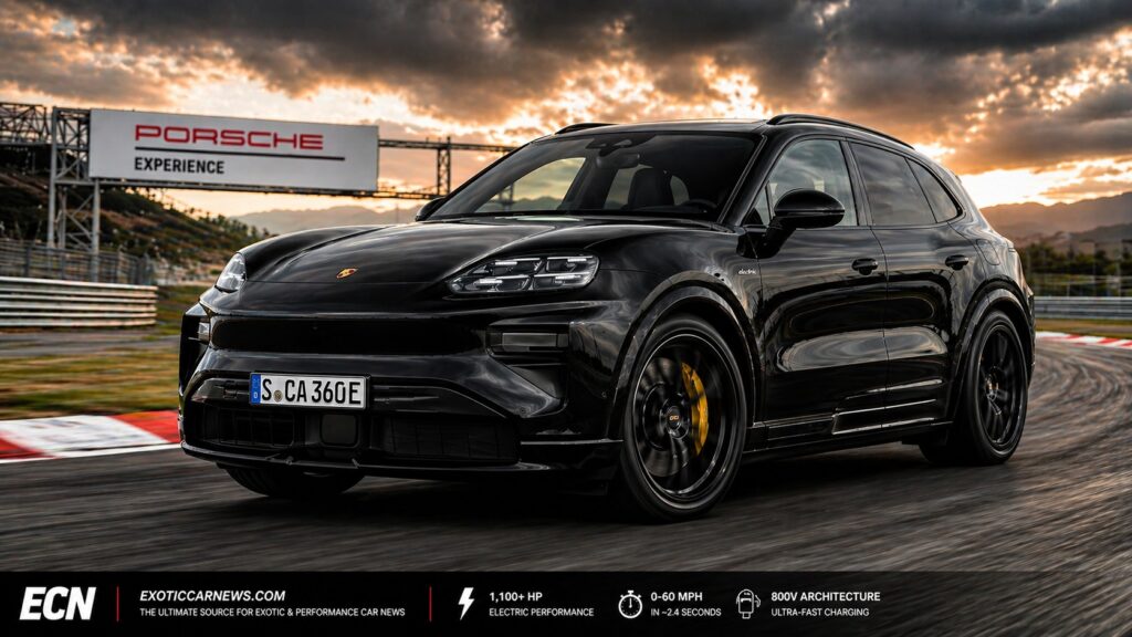 Porsche Cayenne Electric in black driving on racetrack with performance wheels and dramatic sunset background