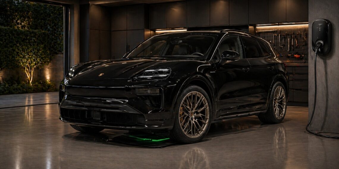 Porsche Cayenne Electric in luxury garage with wireless charging pad and titanium wheels
