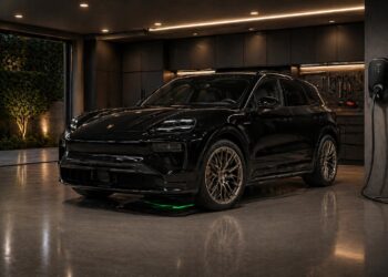 Porsche Cayenne Electric in luxury garage with wireless charging pad and titanium wheels