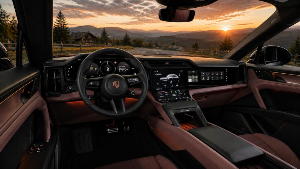 Porsche Cayenne Electric interior cockpit view with digital dashboard overlooking scenic mountain road at sunset