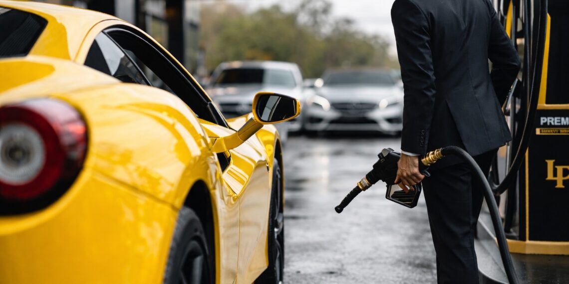 Premium fuel for exotic cars being used to refuel a luxury supercar at a high-end gas station