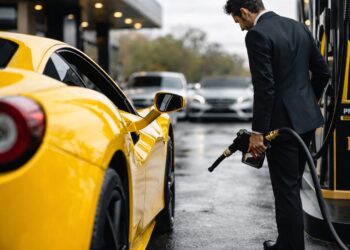 Premium fuel for exotic cars being used to refuel a luxury supercar at a high-end gas station