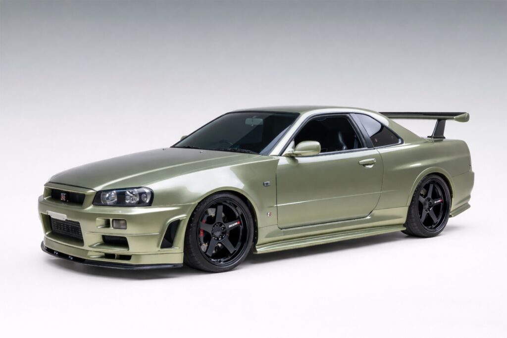 Nissan Skyline GT-R R34 V-Spec II Nür in metallic green on a clean gradient background