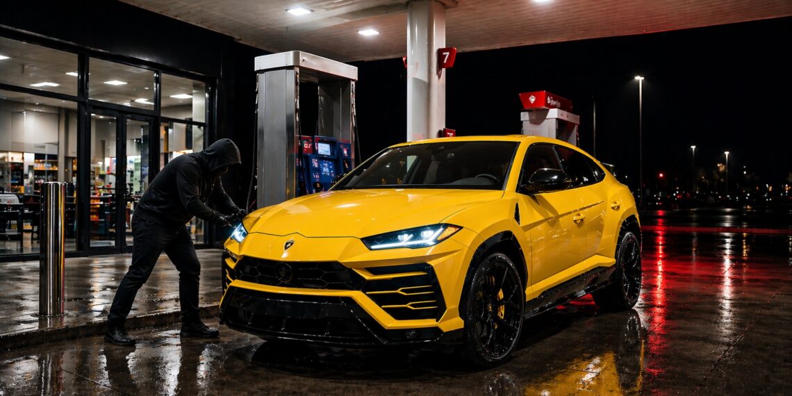 Yellow Lamborghini Urus at a gas station with a hooded person attempting to break into the vehicle at night. High-end suv theft