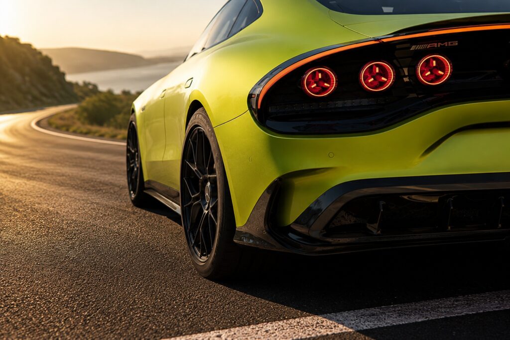 2027 Mercedes-AMG GT 63 rear taillight and body design on scenic highway
