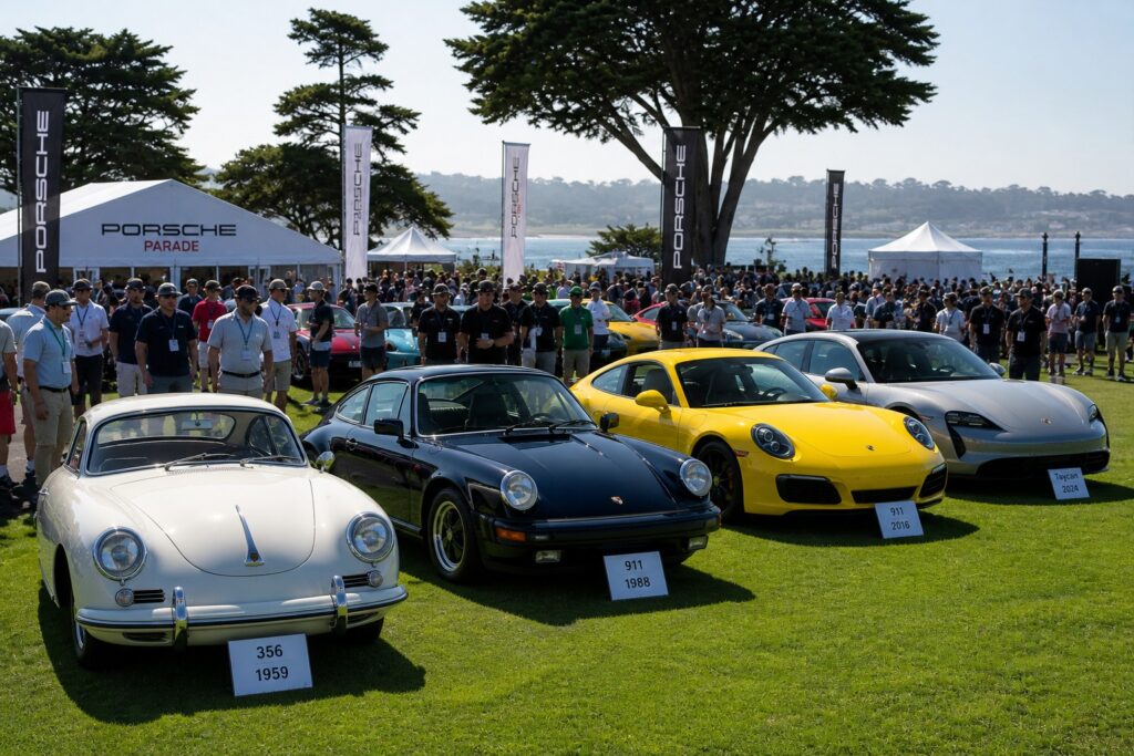 Porsche Parade lineup showing evolution from classic Porsche 356 to modern 911 and electric Taycan on display field