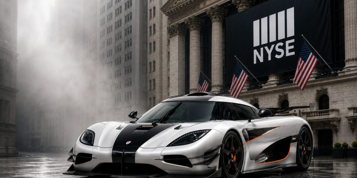 Koenigsegg hypercar in front of Wall Street inspired financial backdrop representing the company’s potential move toward public markets