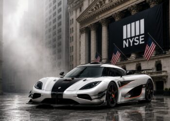 Koenigsegg hypercar in front of Wall Street inspired financial backdrop representing the company’s potential move toward public markets