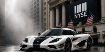 Koenigsegg hypercar in front of Wall Street inspired financial backdrop representing the company’s potential move toward public markets