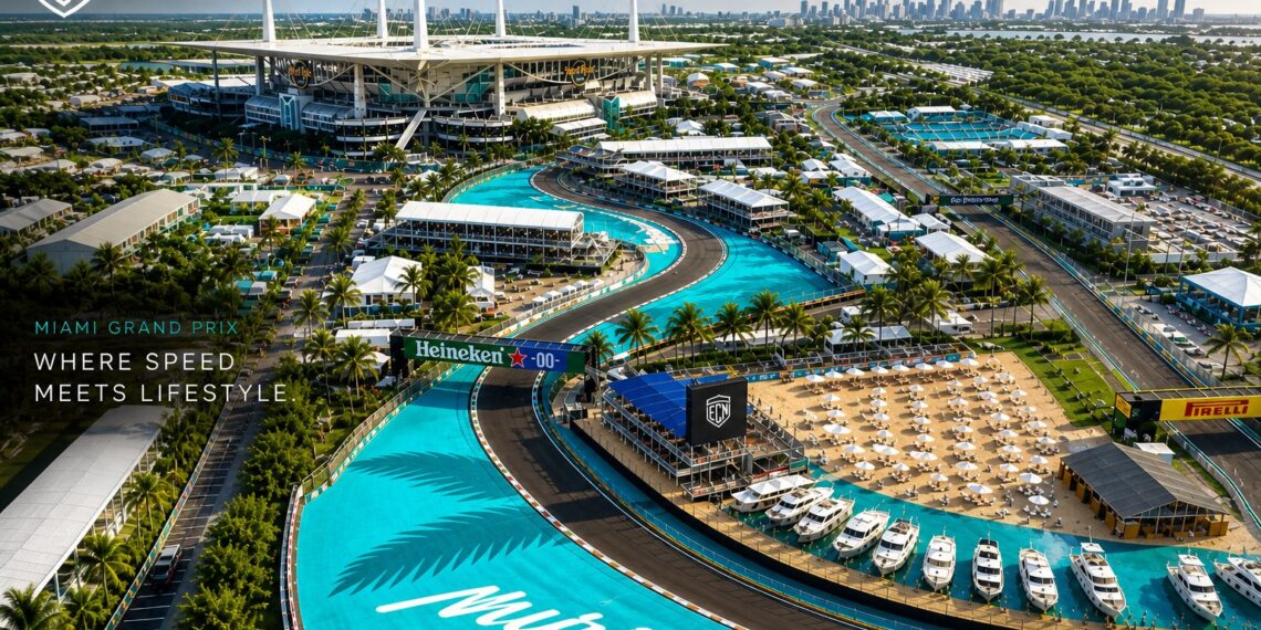 Miami Grand Prix aerial view showing Formula 1 track, marina yachts, and luxury hospitality suites