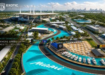 Miami Grand Prix aerial view showing Formula 1 track, marina yachts, and luxury hospitality suites