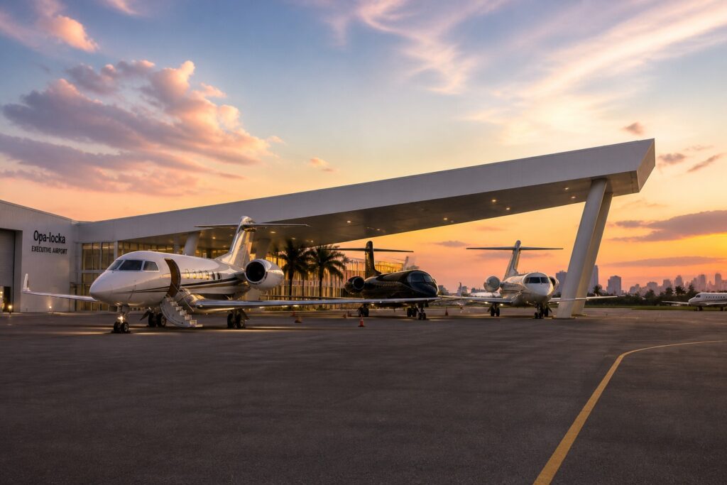 Private jets parked at Opa Locka Executive Airport during Miami Grand Prix weekend