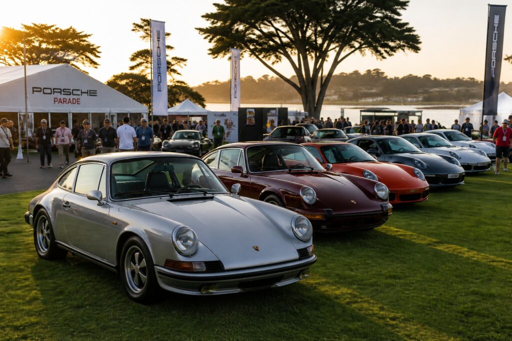Porsche Parade 2026 outdoor display of classic and modern Porsche 911 models on a grass field 