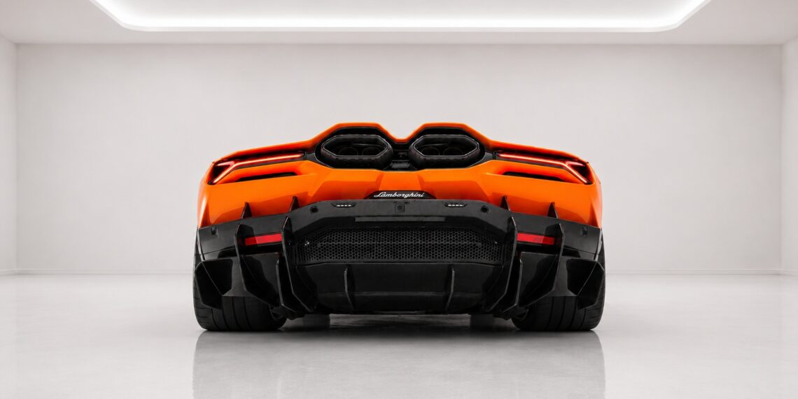 Orange Lamborghini Revuelto rear view with center exhaust outlets and carbon fiber diffuser in a white studio backdrop
