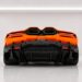 Orange Lamborghini Revuelto rear view with center exhaust outlets and carbon fiber diffuser in a white studio backdrop