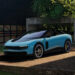 Ferrari Luce EV in blue exterior paint shown from a front three quarter angle outside a modern luxury residence