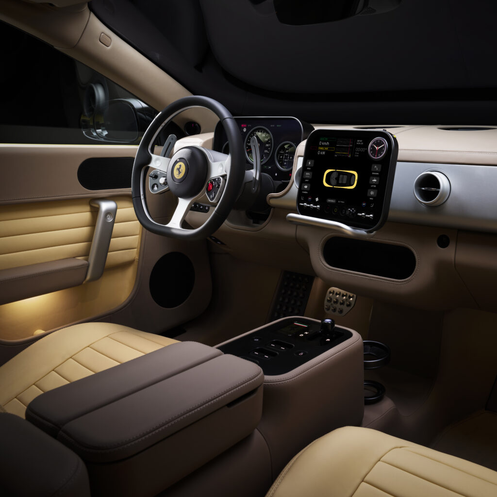 Ferrari Luce EV luxury interior cabin featuring digital displays, premium materials, and five-seat layout