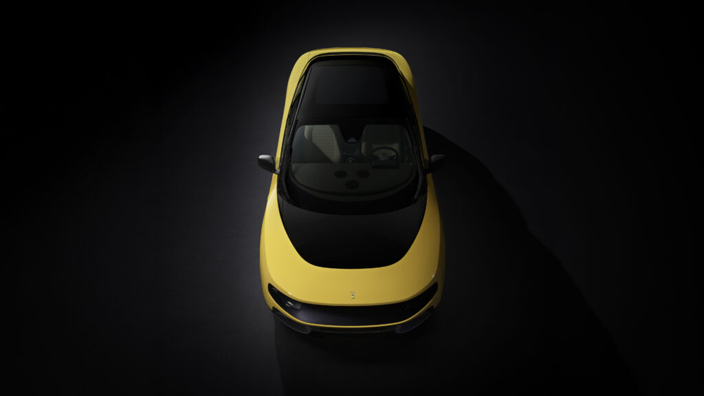Overhead view of the Ferrari Luce EV showing the panoramic glass roof and five-seat cabin layout