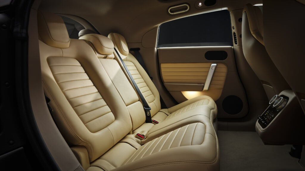 Ferrari Luce EV rear passenger seating area featuring luxury leather seats and five-seat cabin configuration