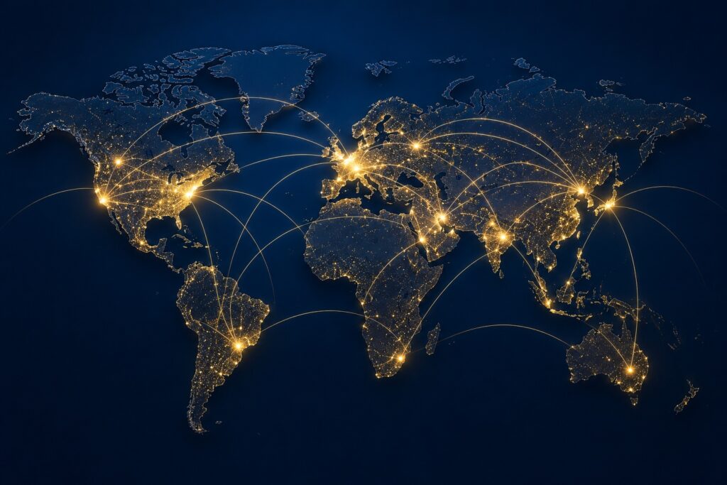 Global wealth growth map showing increasing connections between major luxury markets worldwide