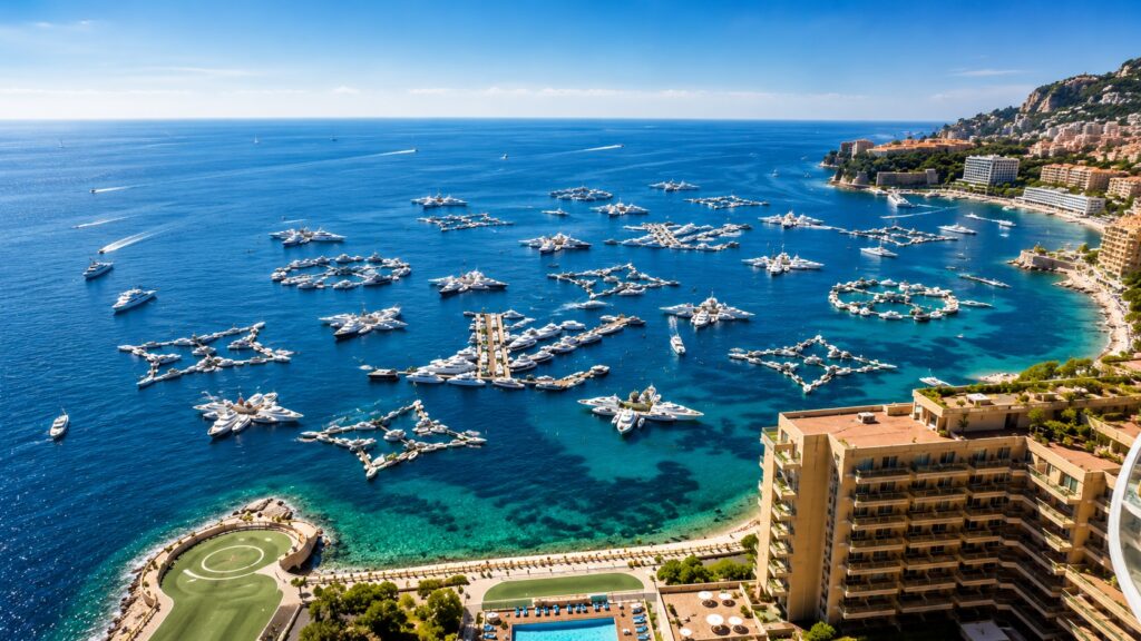 Aerial view of luxury yachts gathered in Monaco during Grand Prix weekend