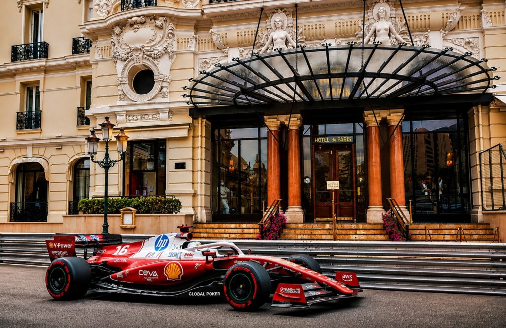 Ferrari Formula 1 car outside Hotel de Paris during Monaco Grand Prix weekend