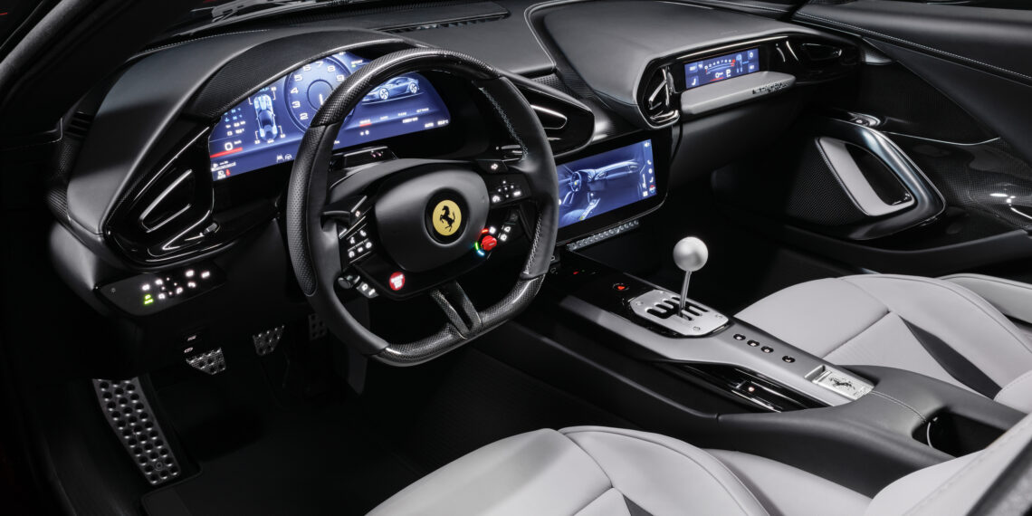 Ferrari 12Cilindri Manuale interior with gated shifter, clutch pedal and digital cockpit
