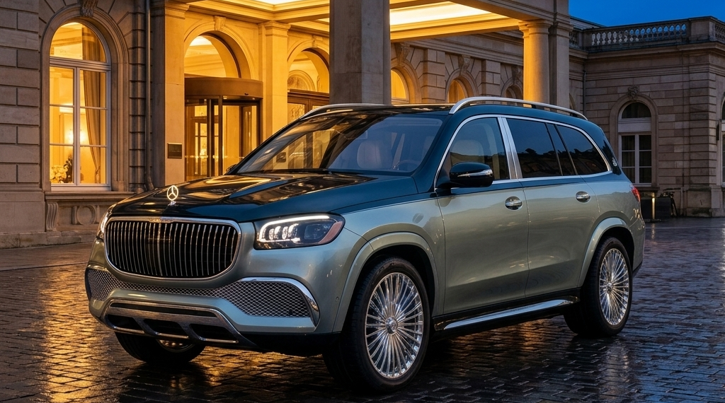 2027 Mercedes-Maybach GLS 680 in two-tone Dark Petrol over Verde Silver with illuminated grille and hood star at dusk