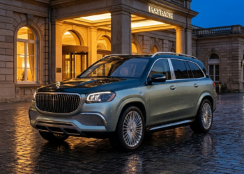 2027 Mercedes-Maybach GLS 680 in two-tone Dark Petrol over Verde Silver with illuminated grille and hood star at dusk
