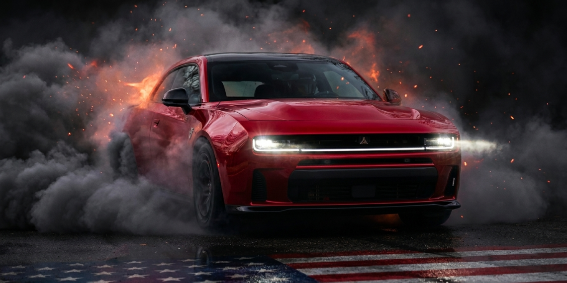 New Dodge Charger bursting through tire smoke with headlights blazing, symbolizing the comeback of American muscle