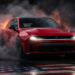 New Dodge Charger bursting through tire smoke with headlights blazing, symbolizing the comeback of American muscle