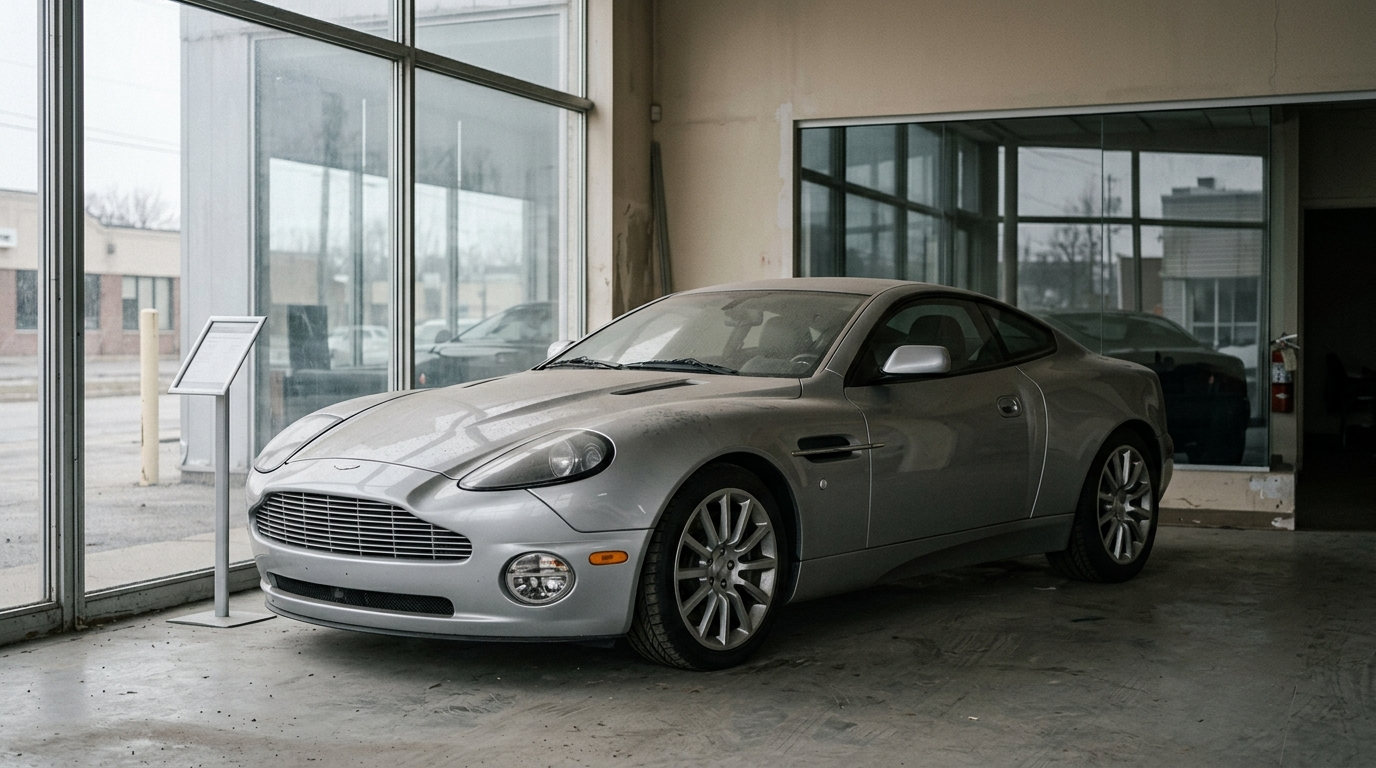 Exotic car market liquidity slow mover: silver Aston Martin V12 Vanquish unsold in a showroom corner