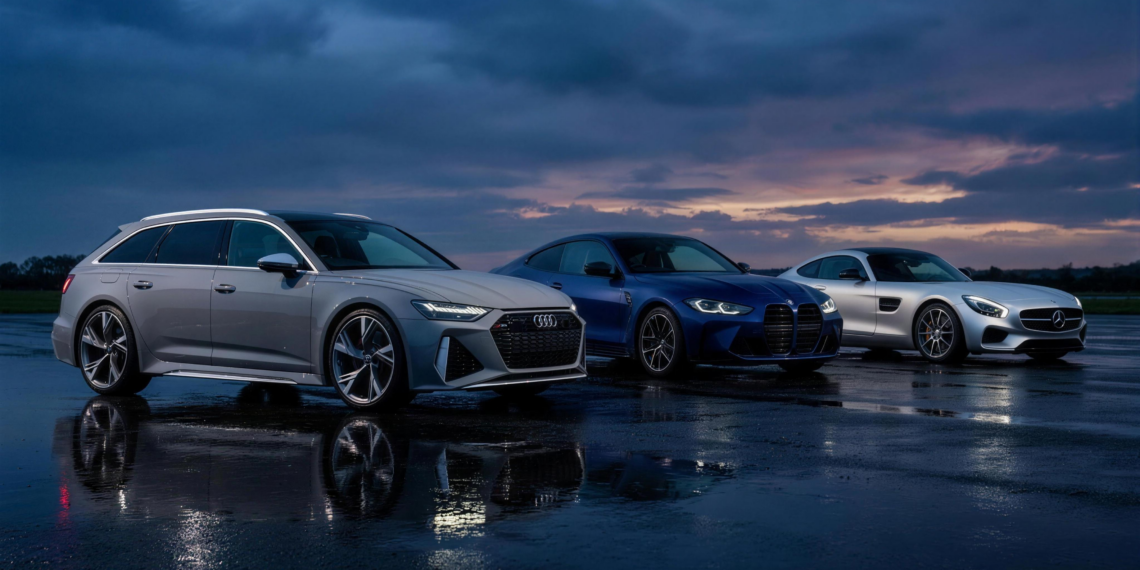 Audi RS6 Avant, BMW M4 and Mercedes-AMG GT parked together — Audi RS vs BMW M vs Mercedes-AMG comparison