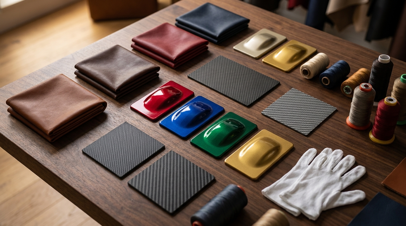 Leather, paint and carbon samples on a bespoke automotive commissioning table