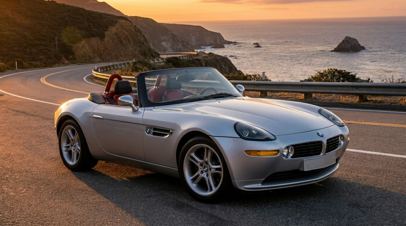BMW Z8 roadster in Titanium Silver with red leather interior parked along a coastal highway at sunset