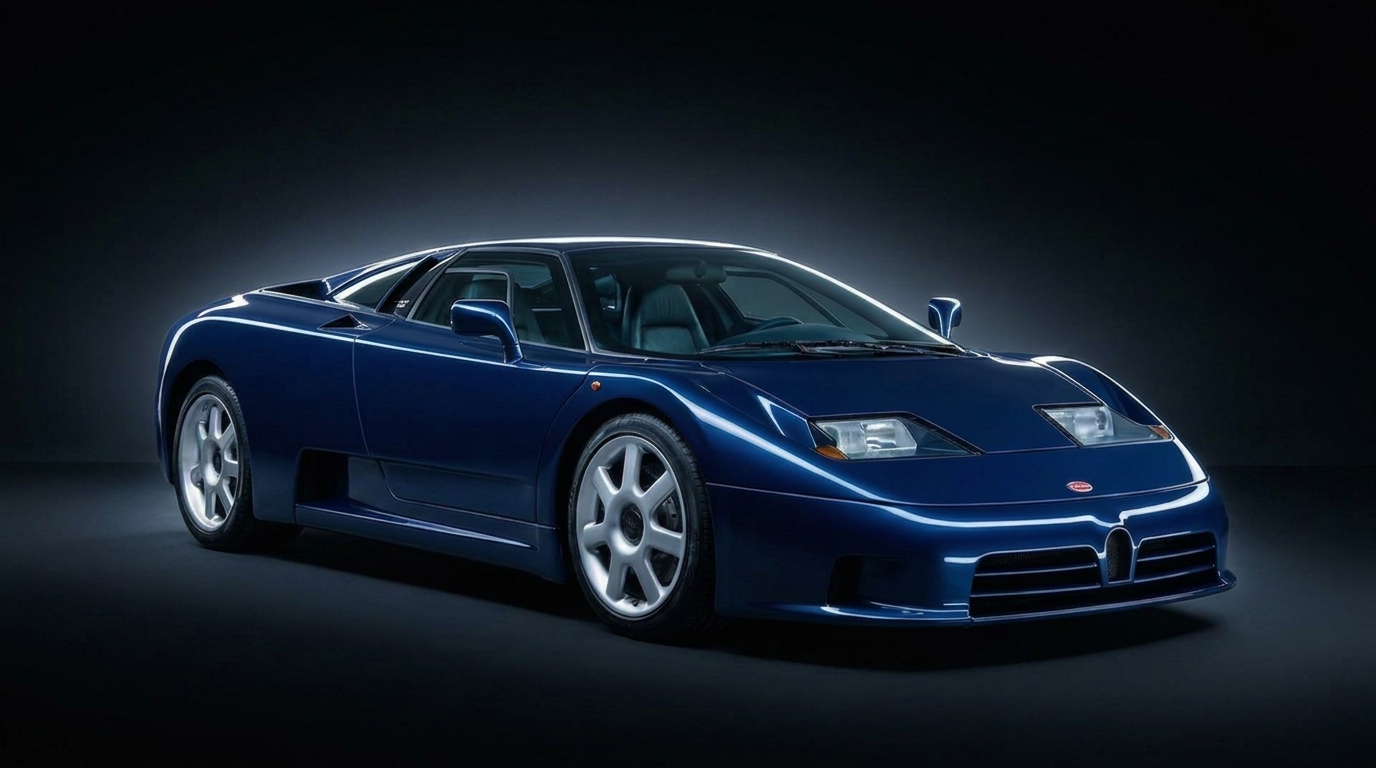 Bugatti EB110 SS in Bugatti Blue photographed in a dark studio with doors ajar