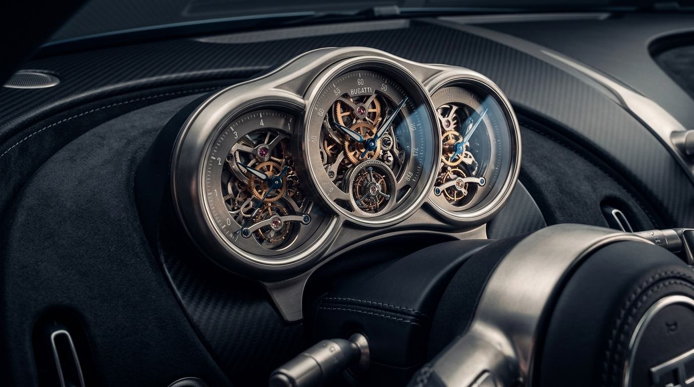 Bugatti Tourbillon analog watchmaker instrument cluster in titanium and sapphire