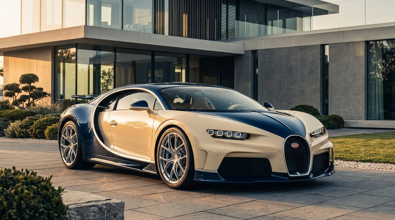 Bugatti Tourbillon parked at golden hour outside a modern villa