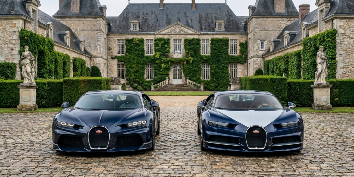 Bugatti Tourbillon and Bugatti Chiron parked side by side in a French chateau courtyard
