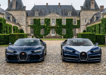 Bugatti Tourbillon and Bugatti Chiron parked side by side in a French chateau courtyard